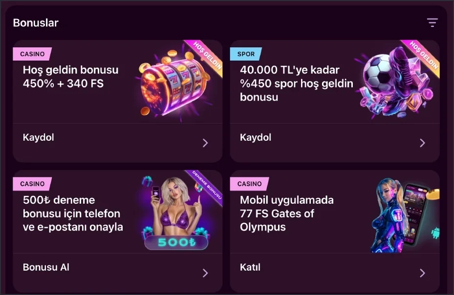 Bonuses tab card list view Bonuses tab with CASINO and SPOR labelled welcome bonus, trial bonus and mobile app bonus cards