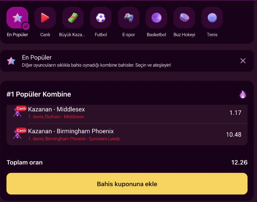 Live betting combo slip view Live betting screen with a Popular Combo slip, two selections and a total odds line