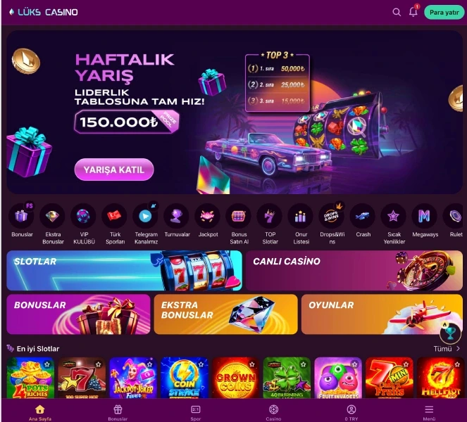 Homepage lobby view Luks Casino TR main lobby screen with a Weekly Race banner, quick category icons and a Top Slots row