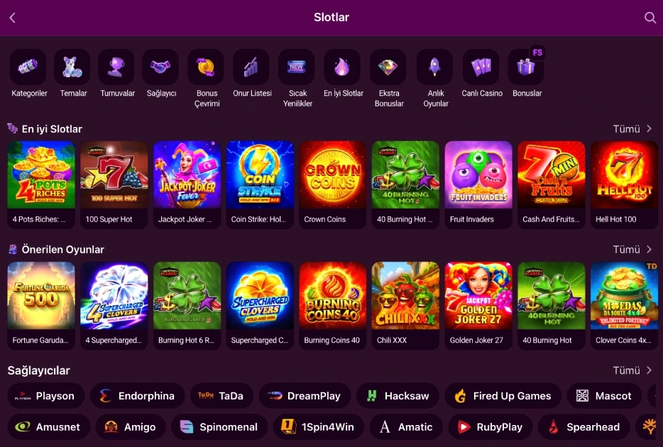 Slots section game and provider rows Slots tab showing Top Slots and Recommended Games rows alongside provider badges